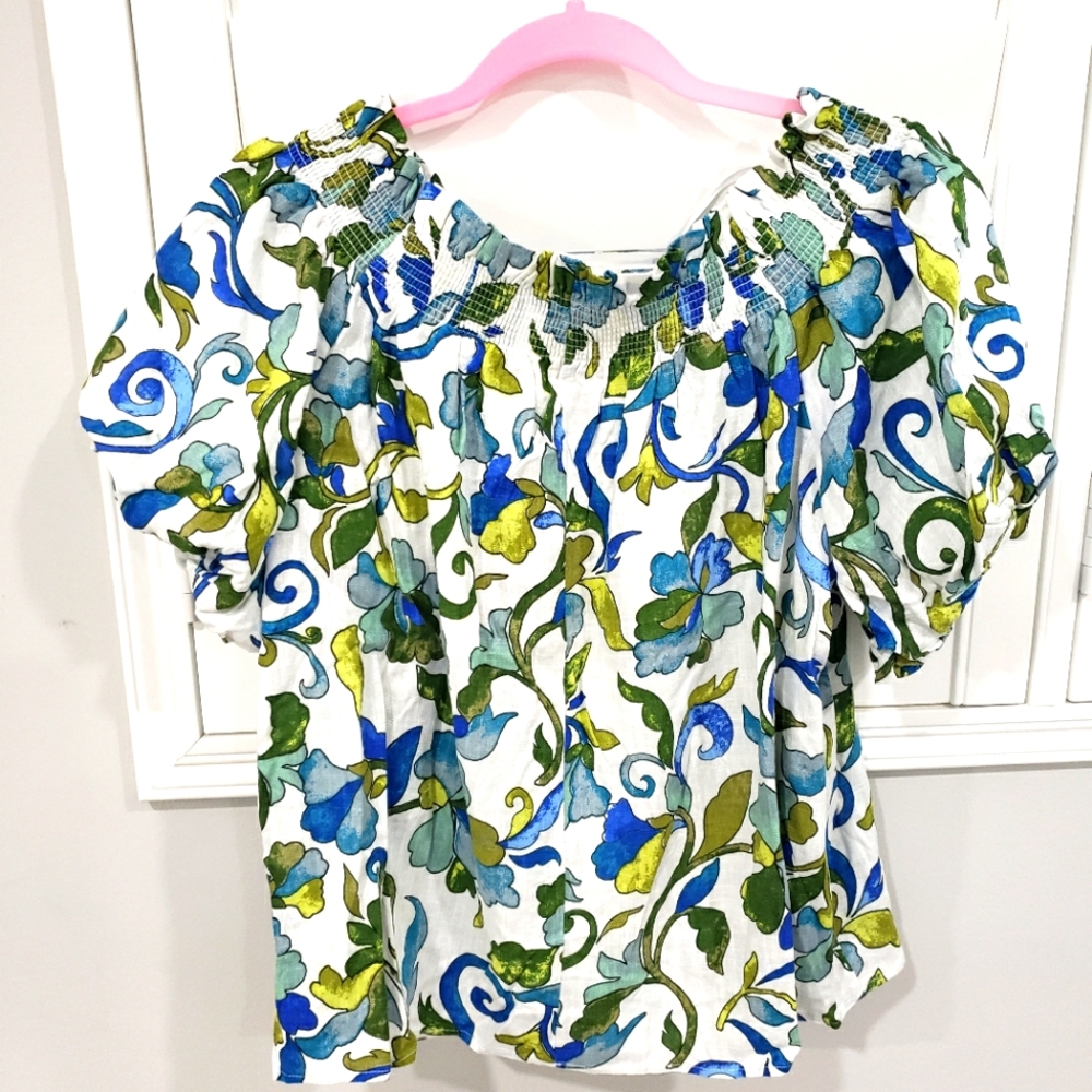 CeCe Blue and Green Ruffled Blouse Relaxed Fit